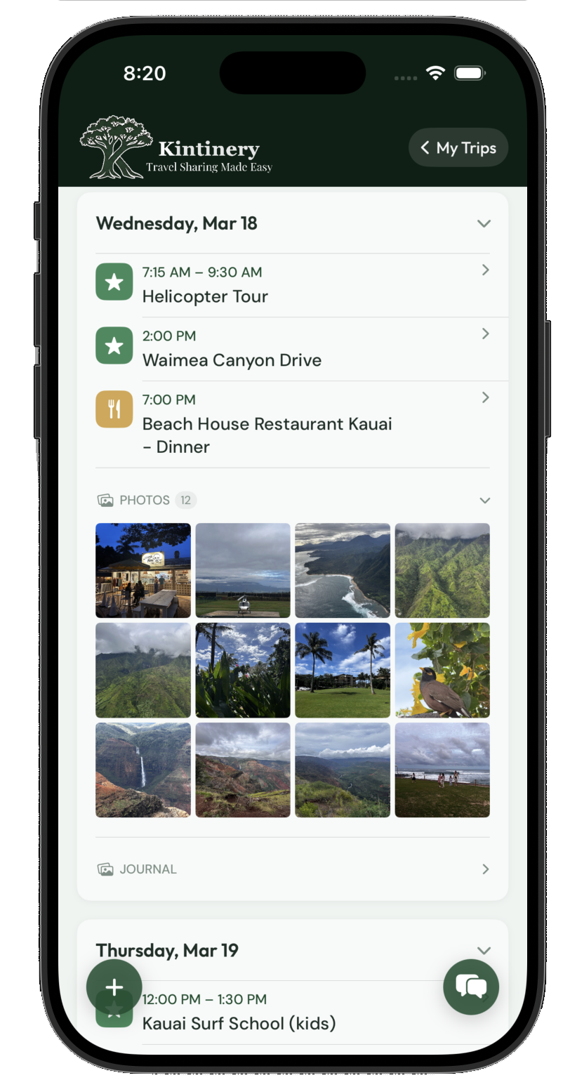 A Kintinery day card with its trip photo grid on iPhone